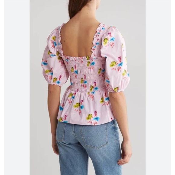 Ganni Lilac Floral Smock Top Square Neck Puff Sleeve Spring Size 44 New V13 - Picture 7 of 13